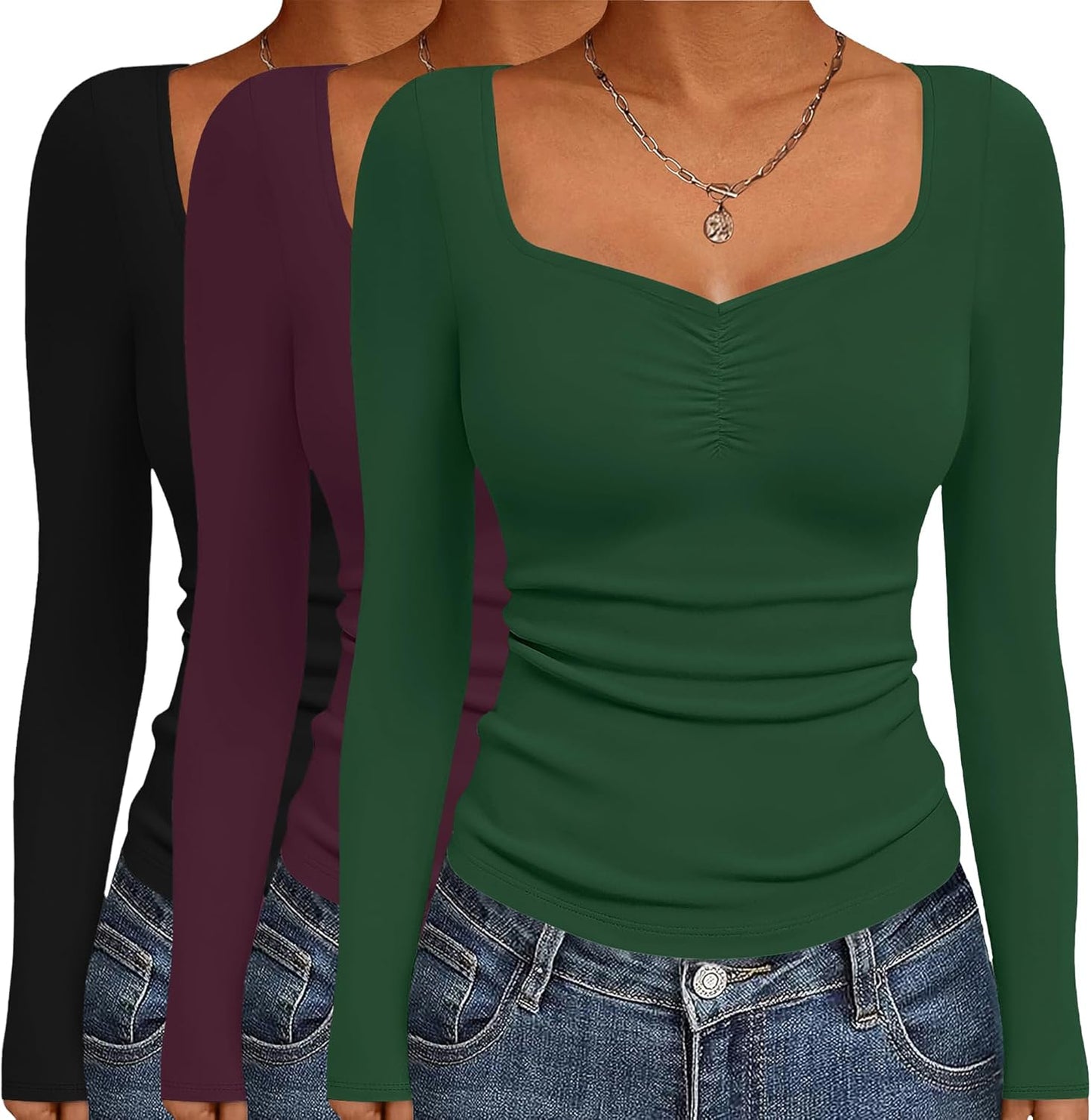 Ekouaer Long Sleeve Tops for Women - Sweetheart Neck Fitted Shirts