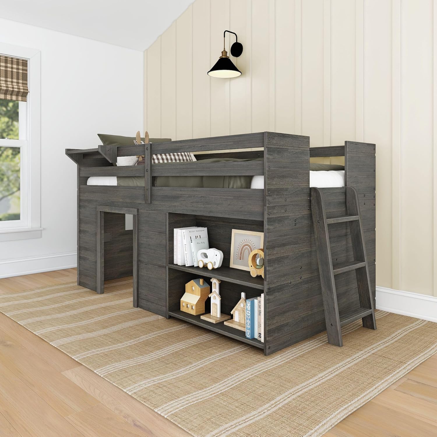 Max & Lily Modern Farmhouse Twin Low Loft Bed with Bookcase