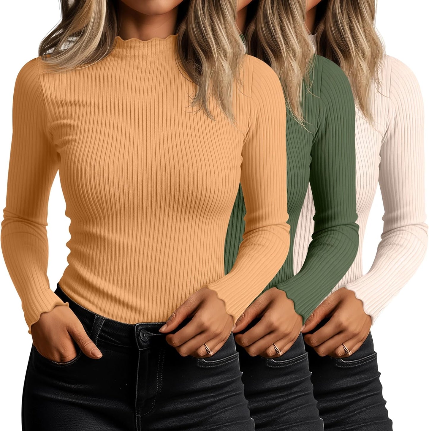 Mock Turtleneck Tops for Women - Cotton Ribbed Long Sleeve Tees