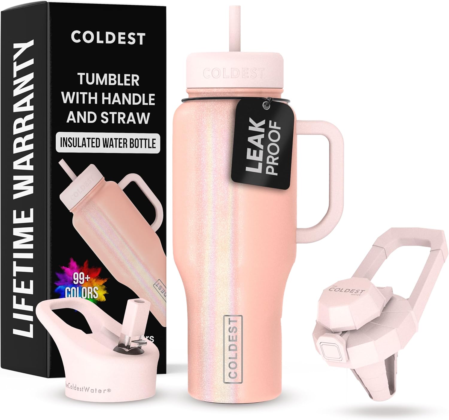 Coldest Tumbler with Handle and Straw - 36 oz Forever Pink Glitter