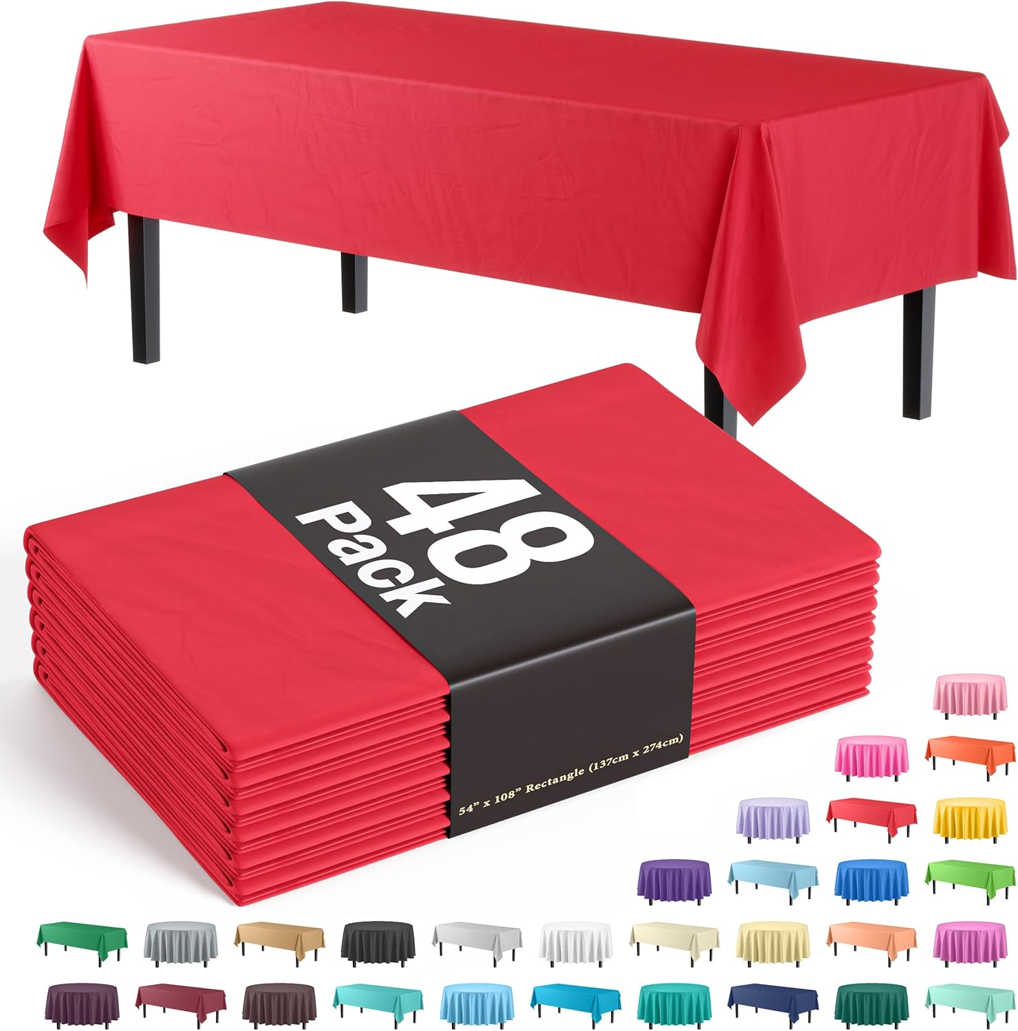 Party Solids Red Tablecloths for Rectangle Tables - 48 Pack