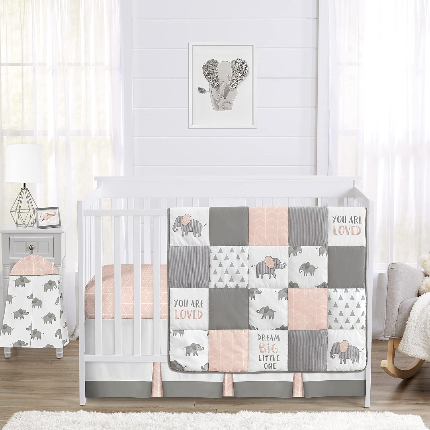 Blush Pink Grey and White Watercolor Elephant Baby Crib Set