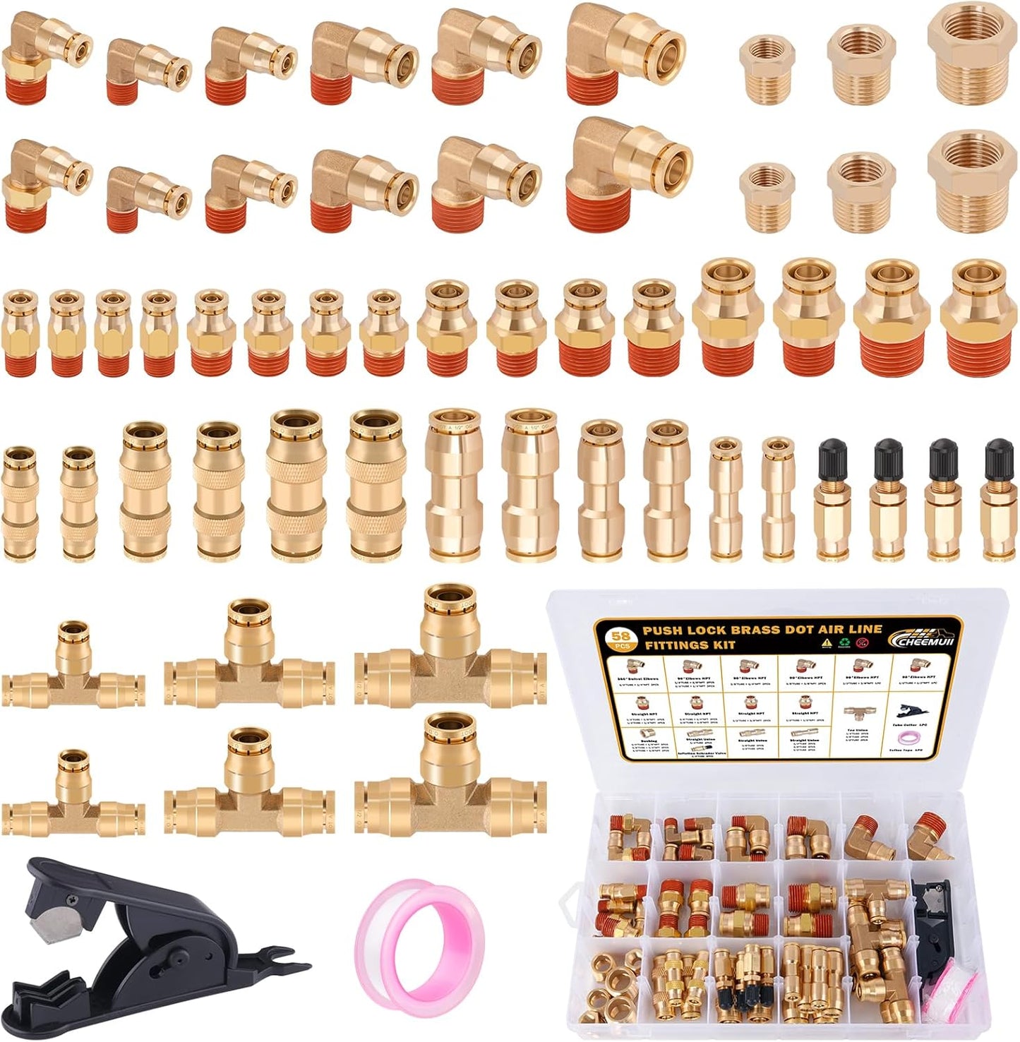 CheeMuii 58 Pcs Brass DOT Air Line Fittings Kit for Pneumatic Use