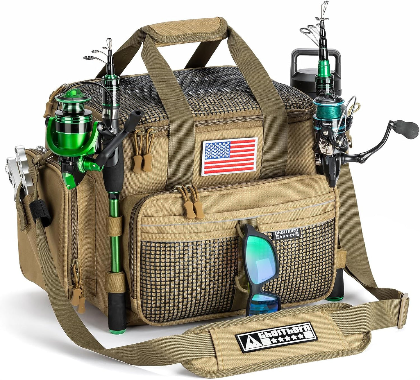 Ghosthorn Fishing Tackle Bag with Rod Holder for All Anglers