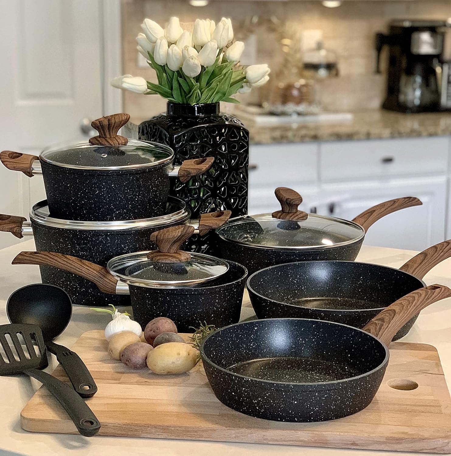 Induction Cookware Sets - 12 Piece Nonstick Granite Black Pots