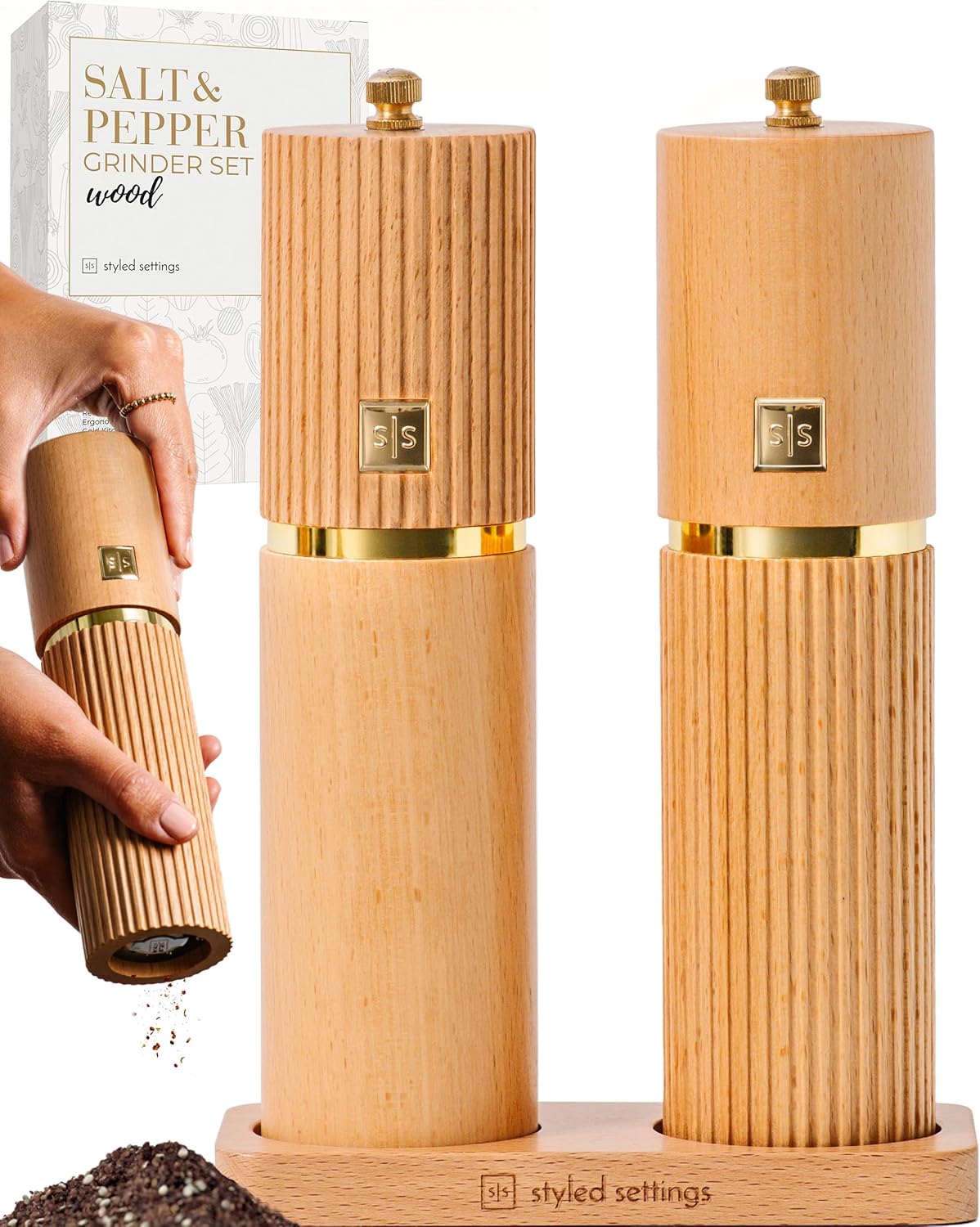 Wooden Salt and Pepper Grinder Set with Gold Accents for Style