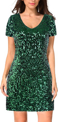 MANER Women's Sequin Glitter Short Sleeve V Neck Mini Dress - Party