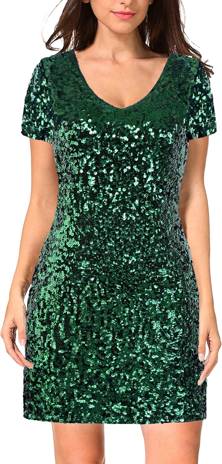 MANER Women's Sequin Glitter Short Sleeve Dress for Parties