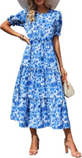 Summer Floral Boho Midi Dress - Flowy Puff Sleeve Sundress Dresses