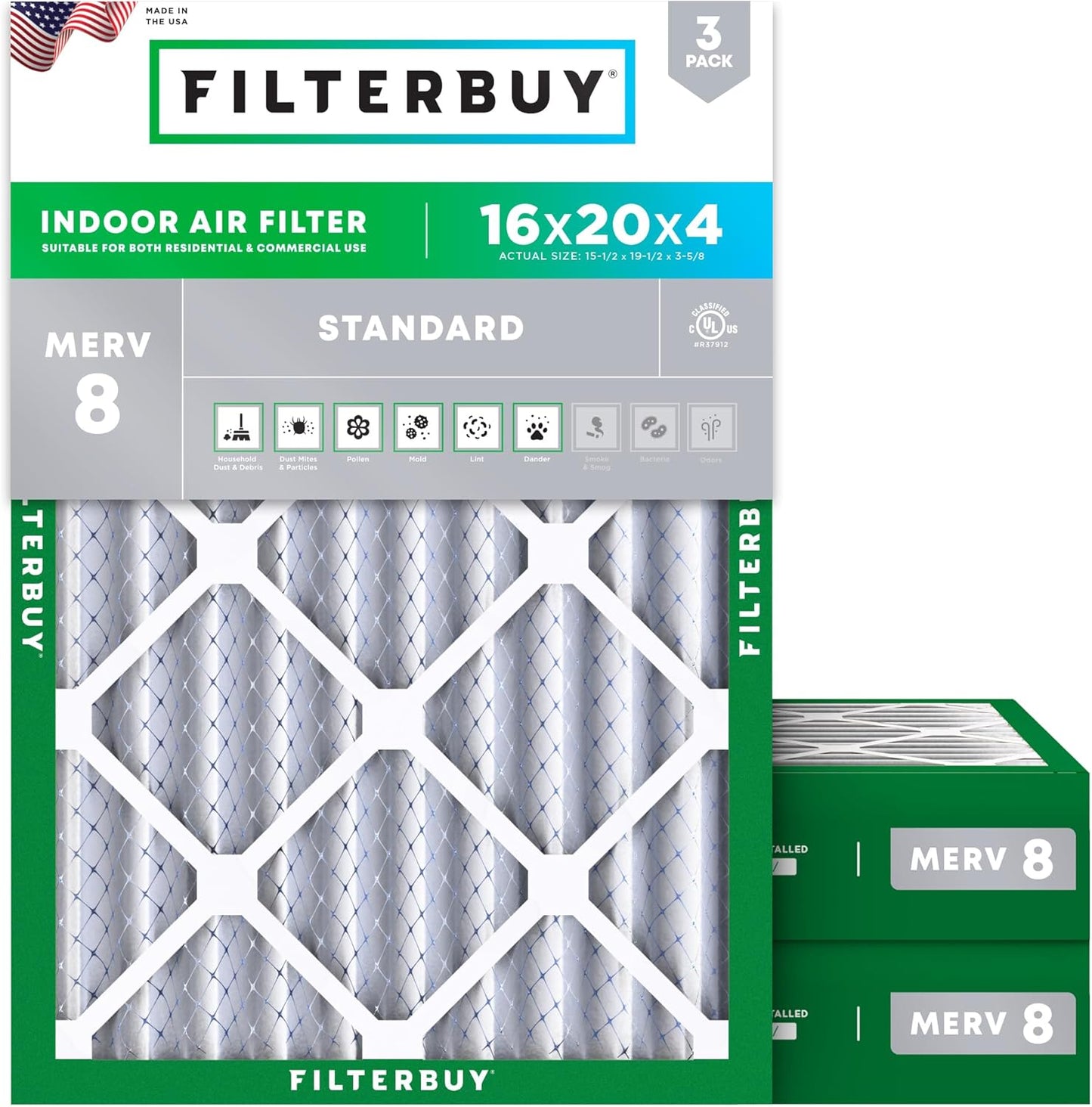 Filterbuy 16x20x4 Air Filter MERV 8 for Dust and Allergy Defense