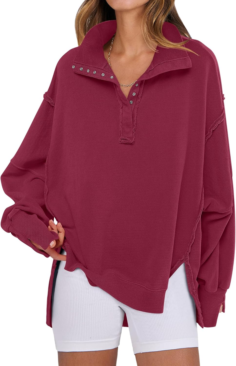 Oversized Casual Button Up Henley Pullover Top for Women