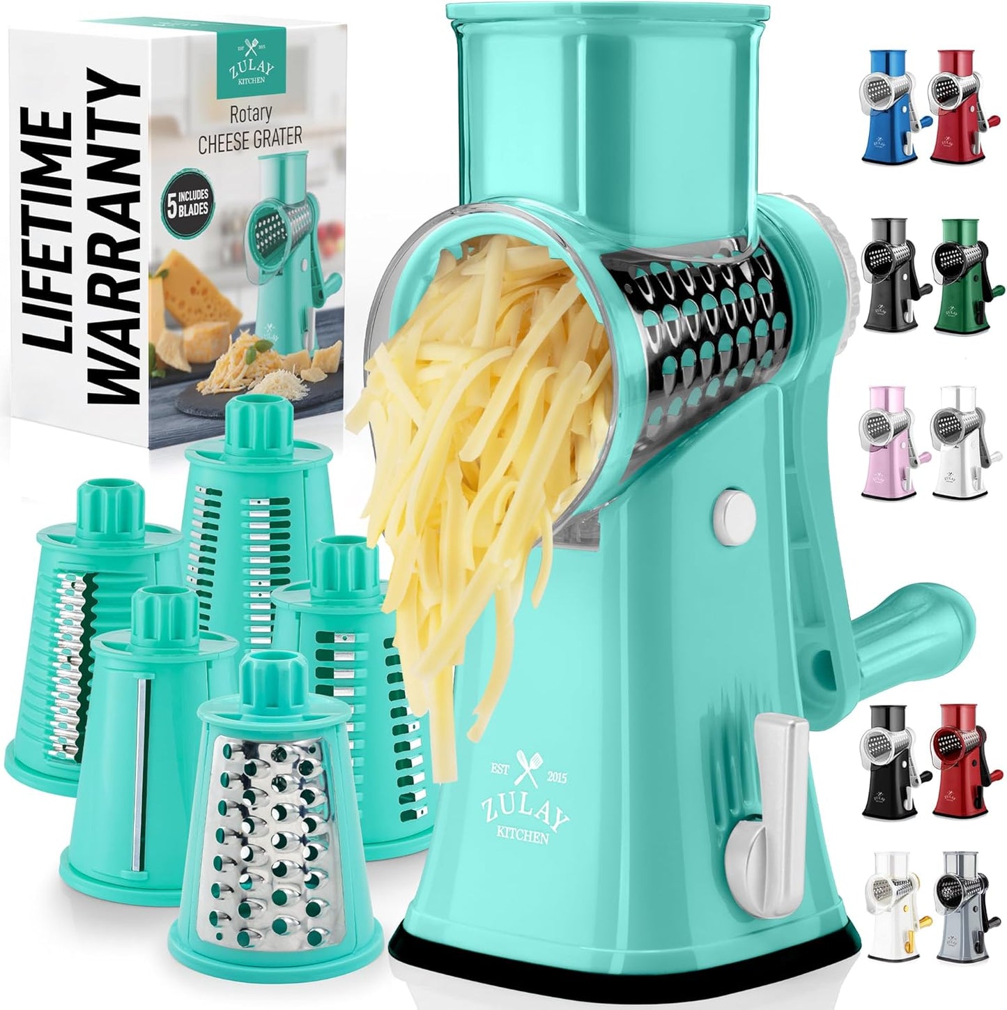Zulay Kitchen Rotary Cheese Grater - 5 Blade Manual Shredder