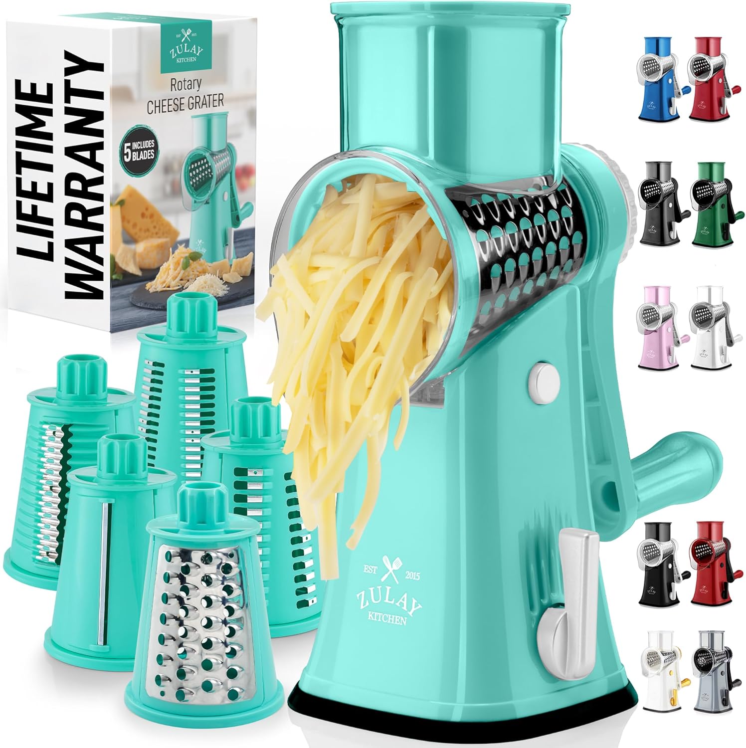 Zulay Kitchen Rotary Cheese Grater - 5 Blade Manual Shredder