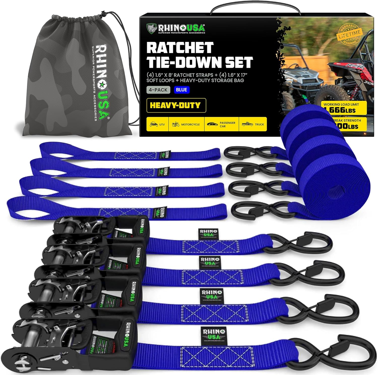 Rhino USA Heavy Duty Ratchet Straps Kit for Secure Cargo Transport