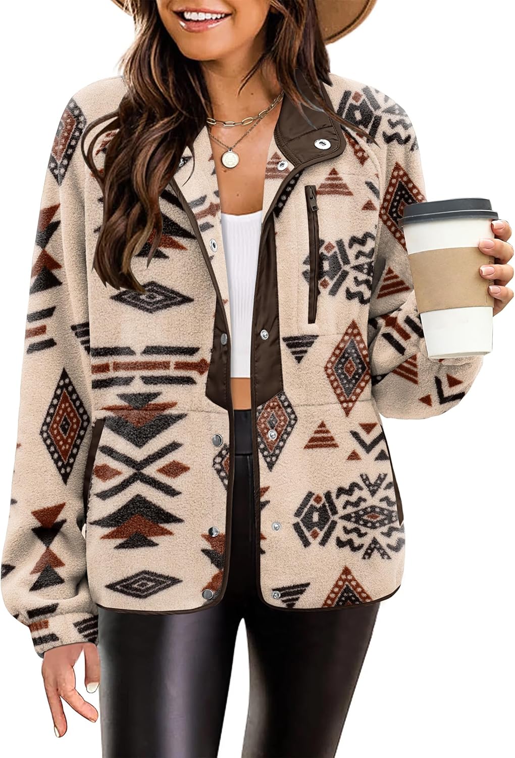 Cozy Fleece Jacket for Women with Western Aztec Print Design