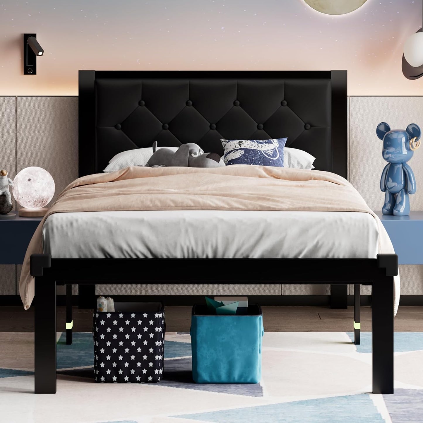 Feonase Twin Size Metal Bed Frame with Faux Leather Headboard
