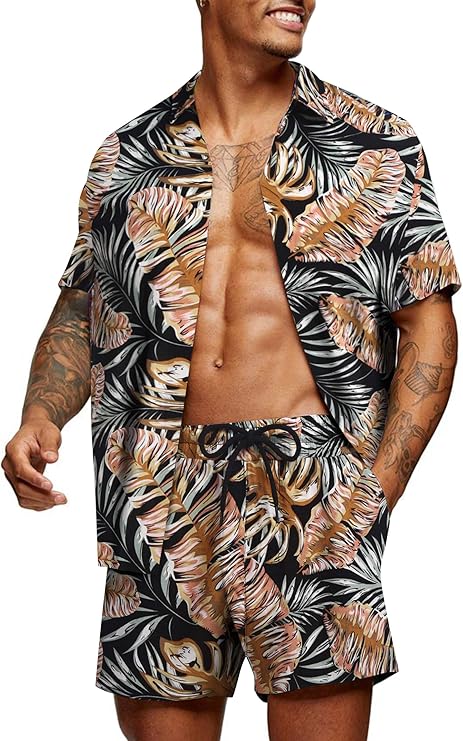 COOFANDY Men's Hawaiian Matching Set for Summer Beach Fun