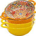 Boho Ceramic Serving Bowls with Handles 40 Oz - Colorful Embossed Set