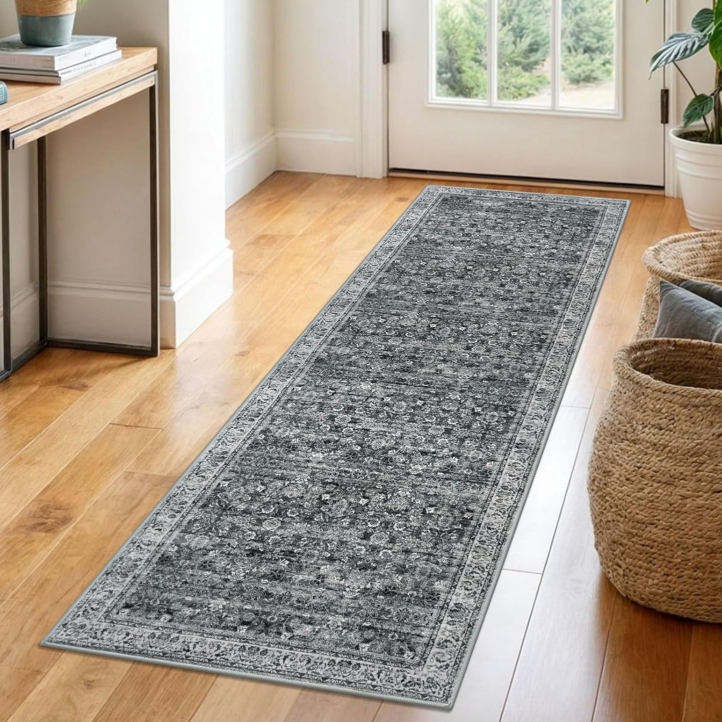 2x6 Moss Charcoal Washable Runner Rug for Hallways and More