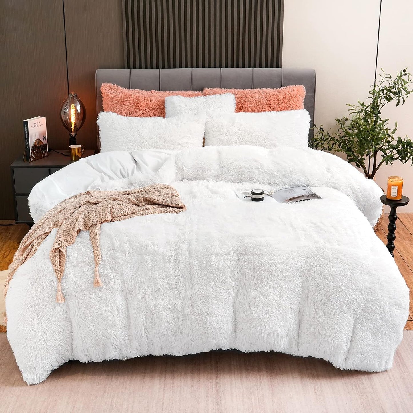 Fluffy Plush White Duvet Cover Set for Queen Size Beds