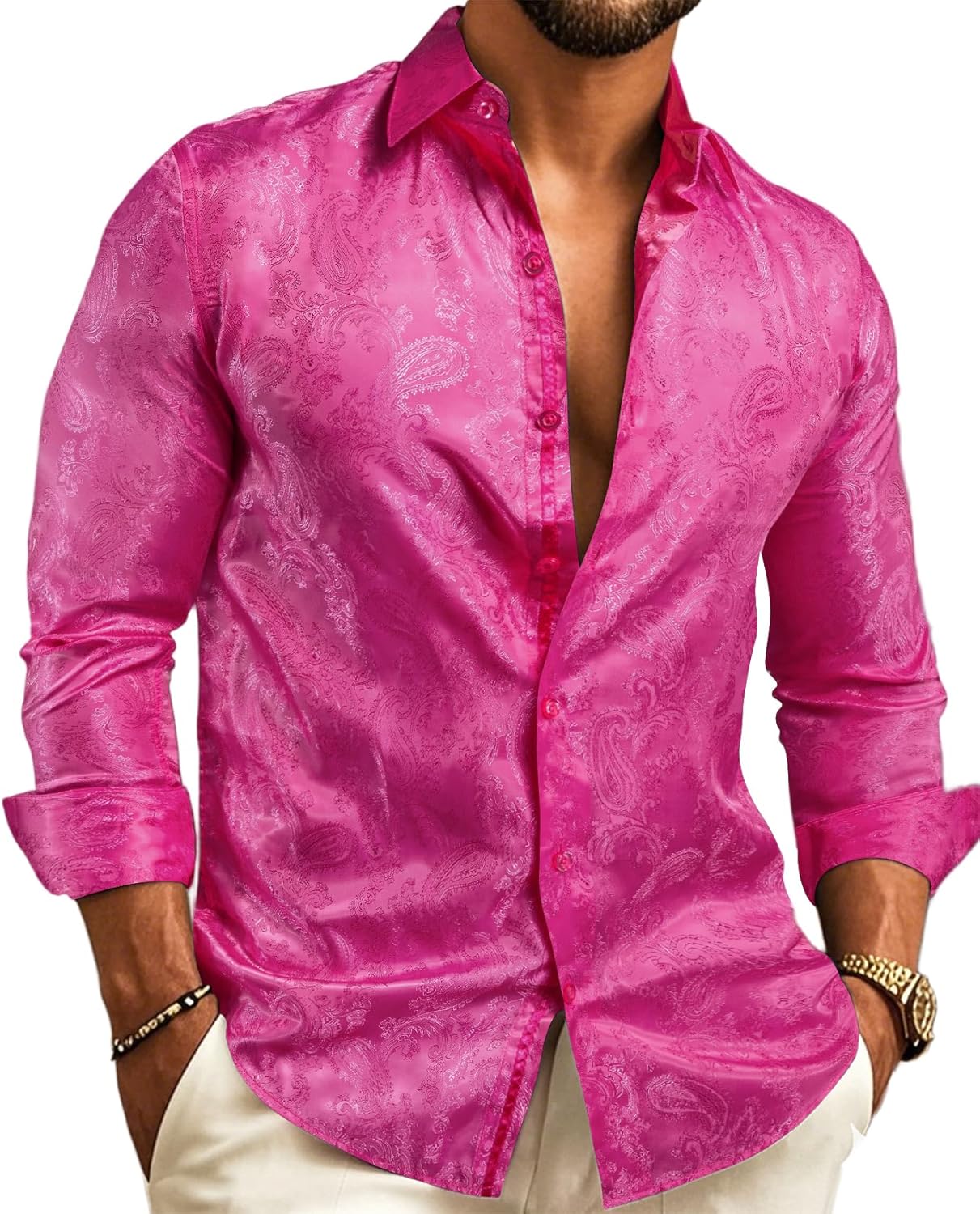 Stylish Mens Casual Long Sleeve Silk Button Up Dress Shirt