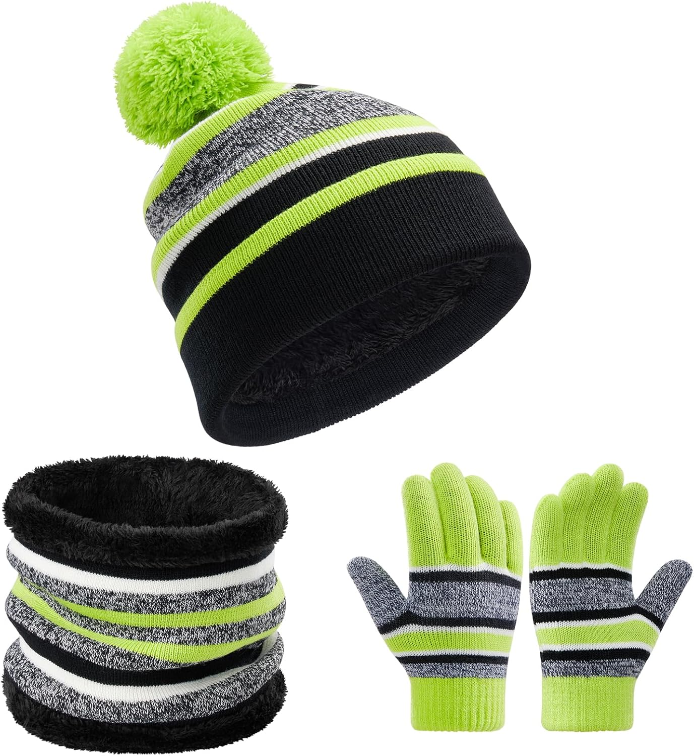 Kids Winter Knit Hat Gloves Scarf Set with Fleece Lining