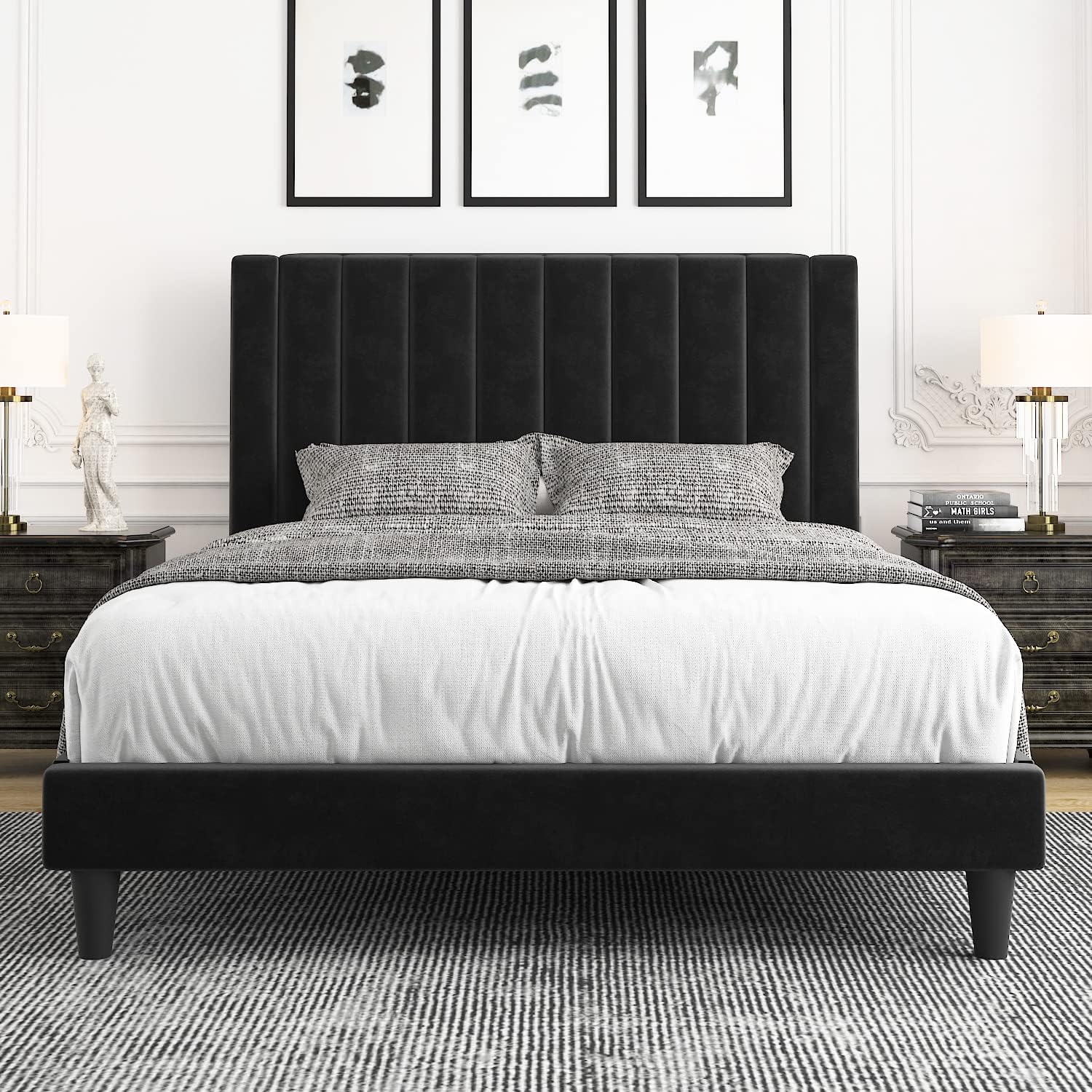 Allewie Queen Bed Frame with Velvet Upholstered Design and Support