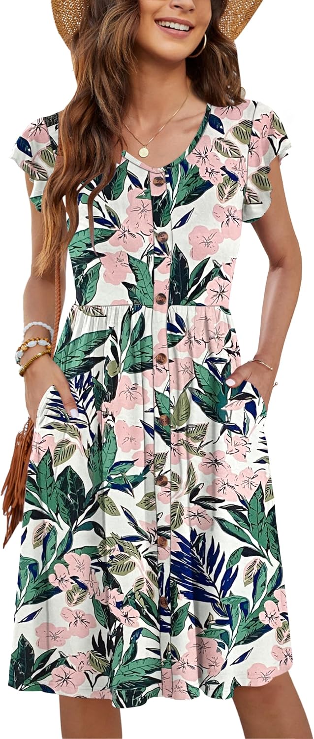 WNEEDU Women Summer Dresses Casual Loose Swing Midi Dress