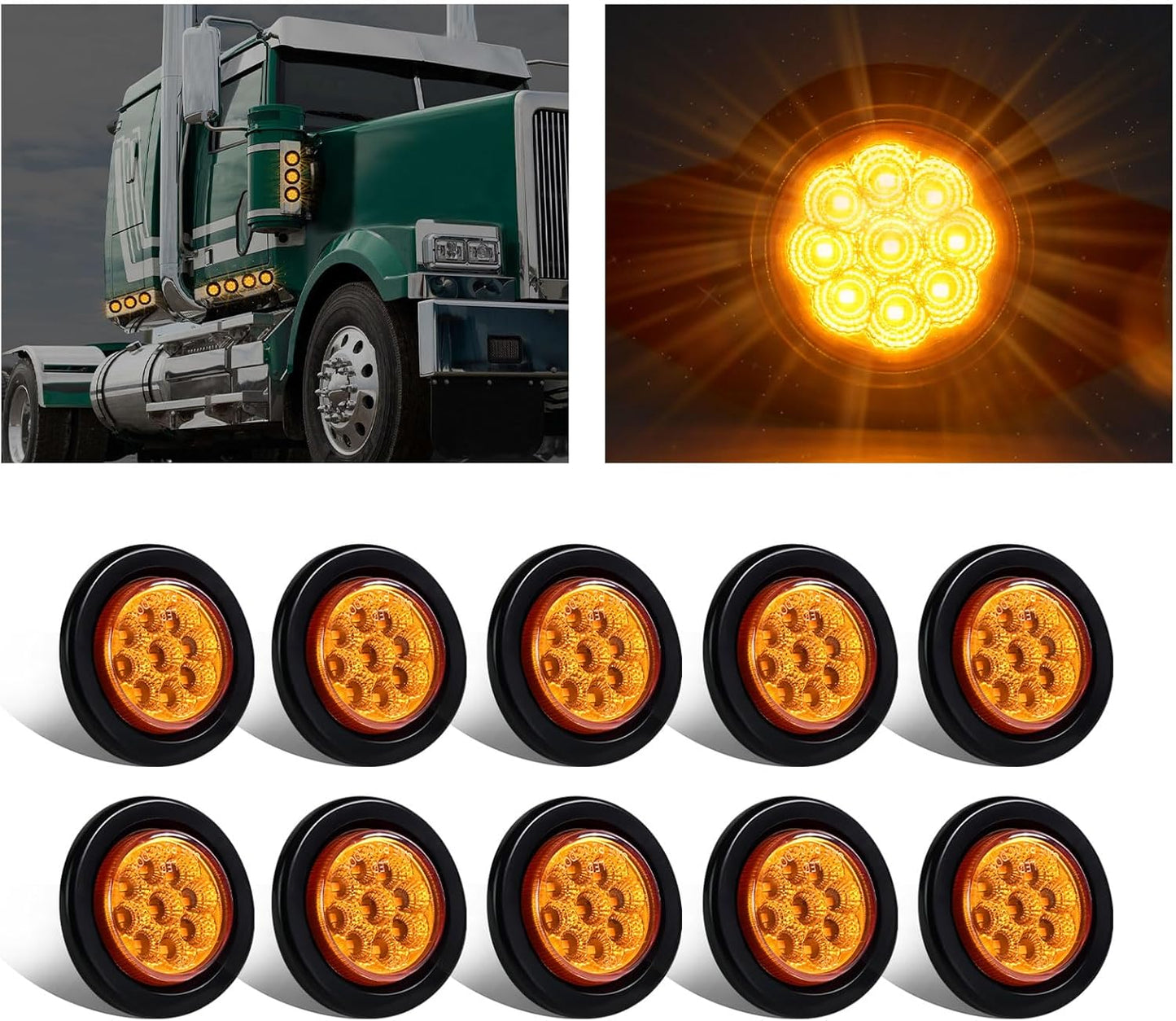 10x Amber 2 Inch Round Sealed LED Clearance Marker Lights