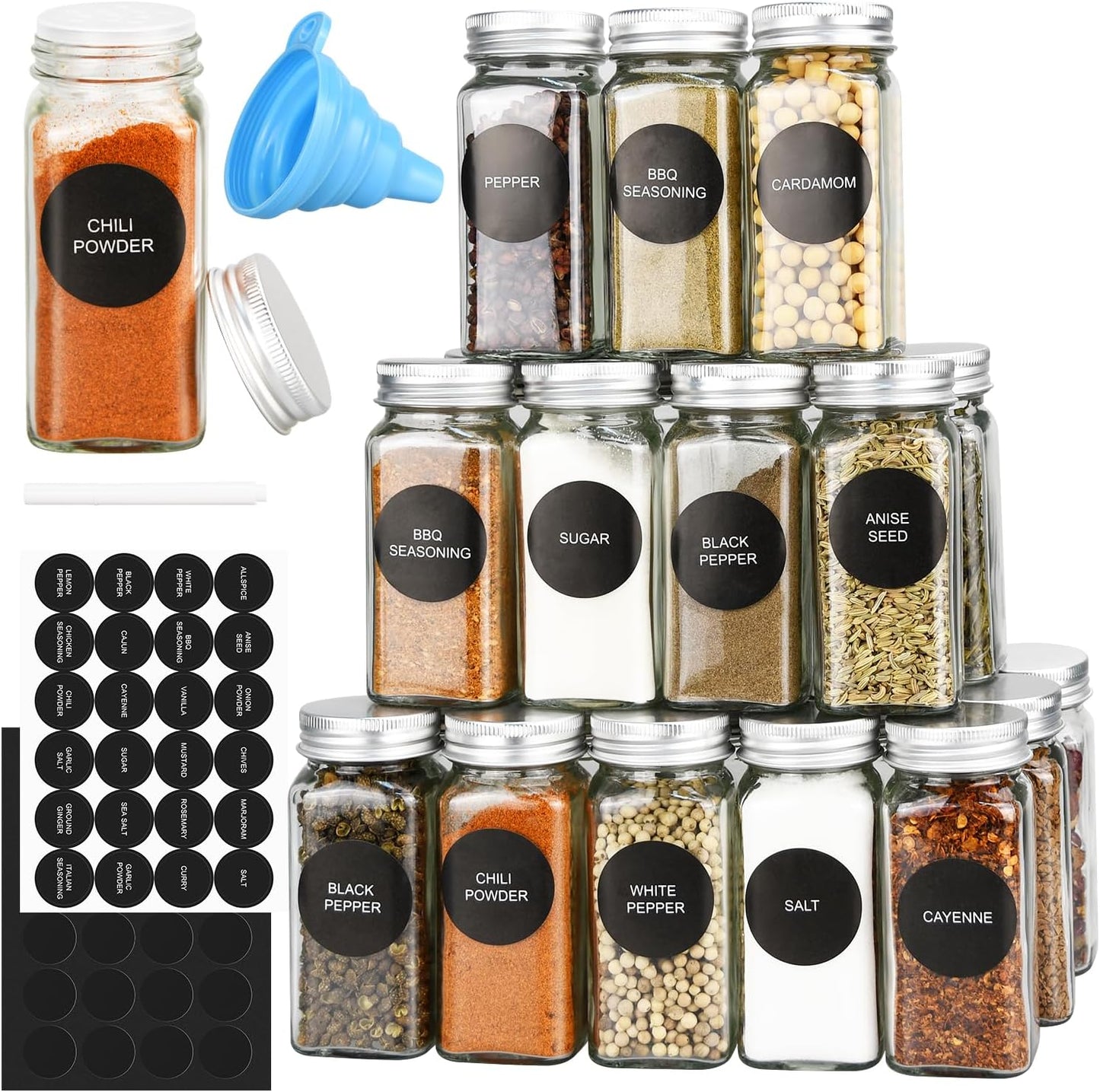 48pcs Glass Spice Jars Set with Metal Caps and Labels for Kitchen
