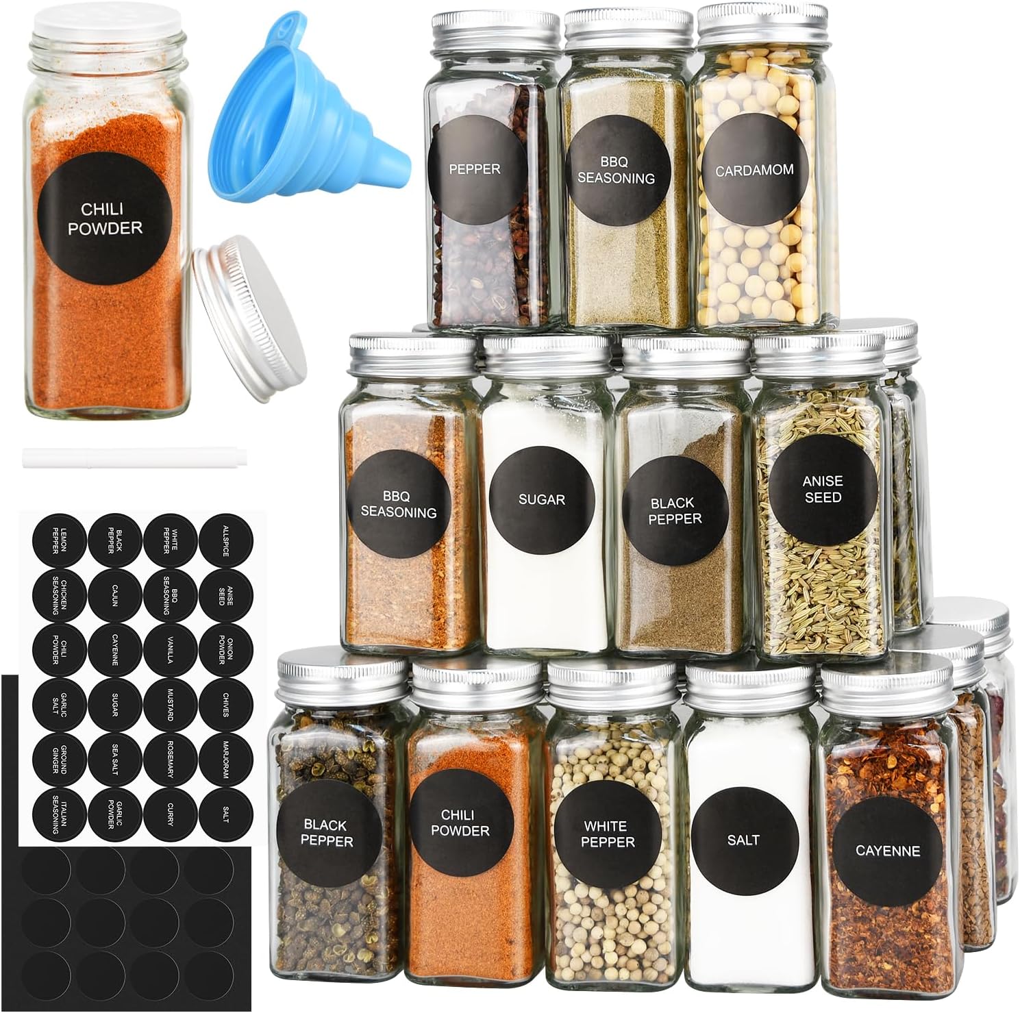 48pcs Glass Spice Jars Set with Metal Caps and Labels for Kitchen