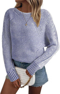 EVALESS Striped Boat Neck Batwing Sleeve Oversized Sweater - Cozy