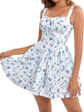 Women Summer Casual Square Neck Mini Sundress - Flowy Corset A Line