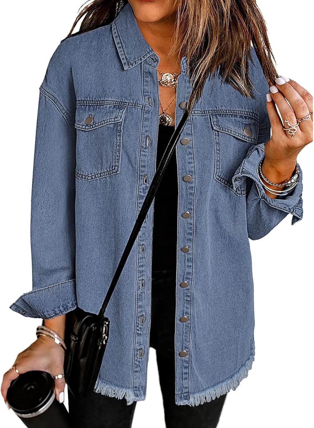 Oversized Button Up Frayed Hem Shacket for Women - Denim Jacket