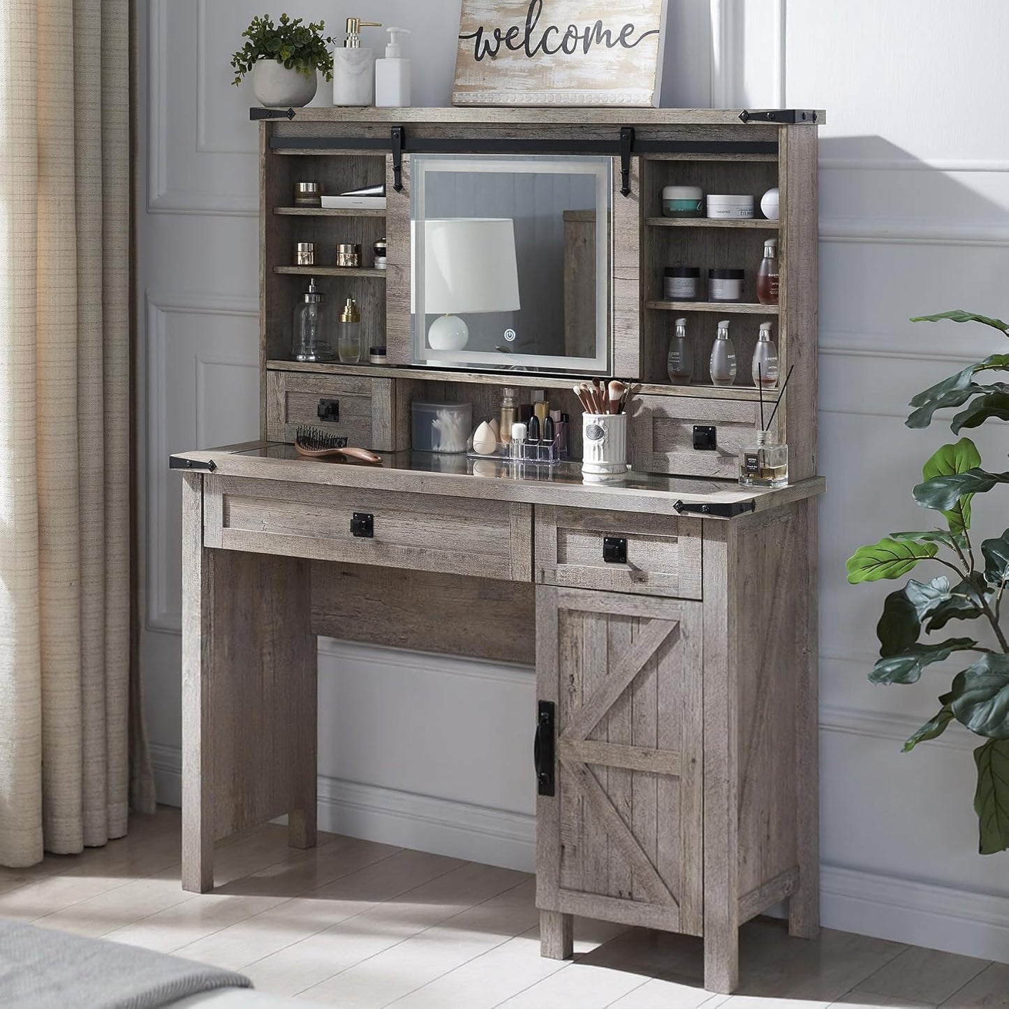 Chic Farmhouse Makeup Vanity Desk with Sliding Mirror and Lights