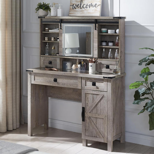 Chic Farmhouse Makeup Vanity Desk with Sliding Mirror and Lights