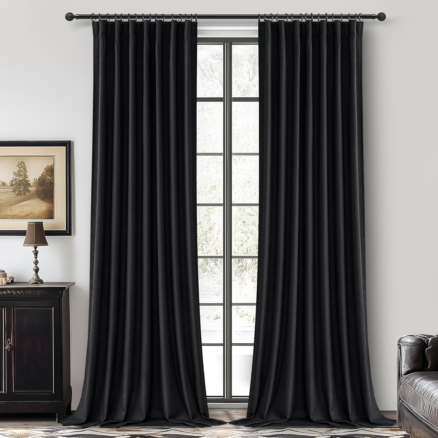 Black Curtains for Bedroom 90 Inch Long Elegant Blackout Drapes