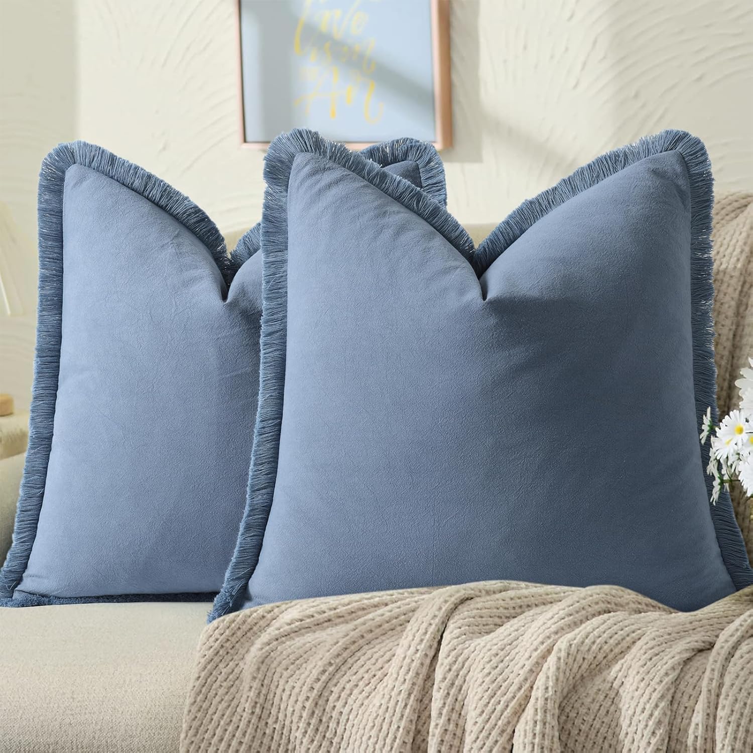 ZWJD 26x26 Blue Throw Pillow Covers with Fringe for Chic Decor