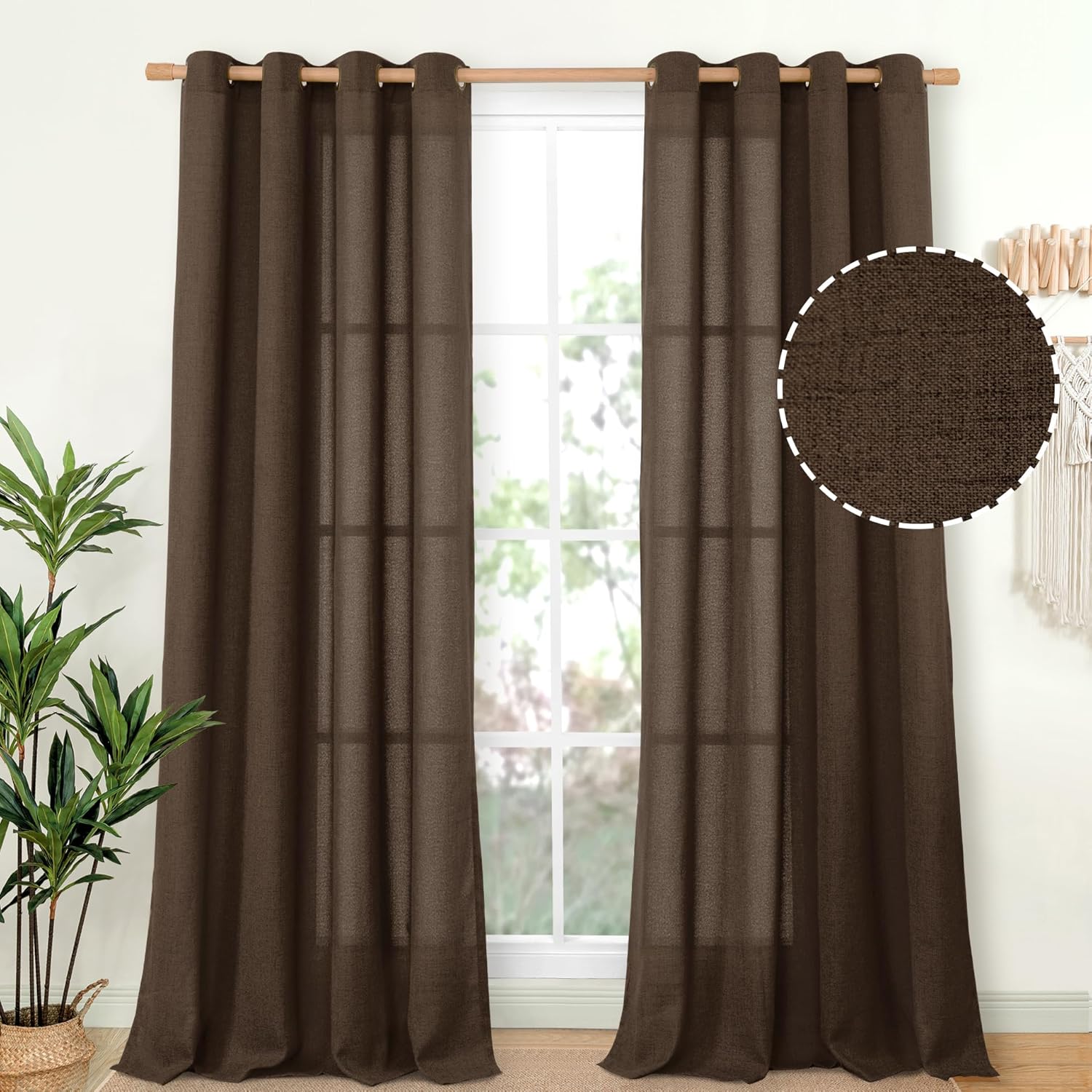 Brown Linen Curtains 95 Inches Long for Living Room and Bedroom