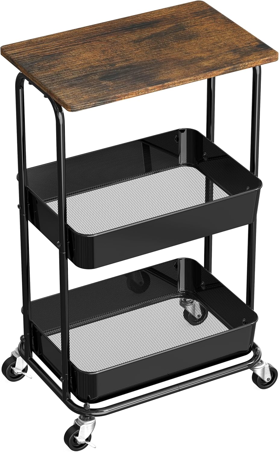 2-Tier Rolling Utility Cart with Lockable Wheels and Wood Top