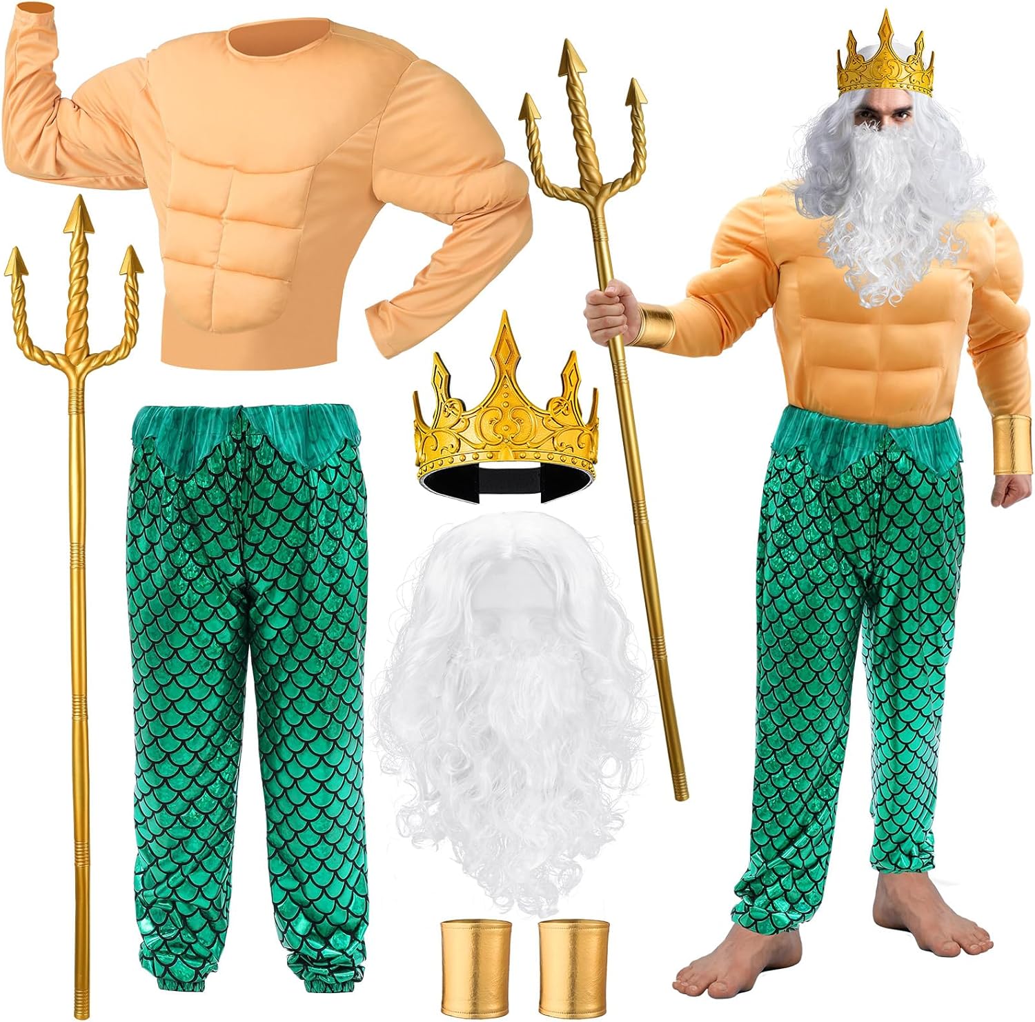 7 Pcs Halloween Poseidon Costume Set for Men with Trident