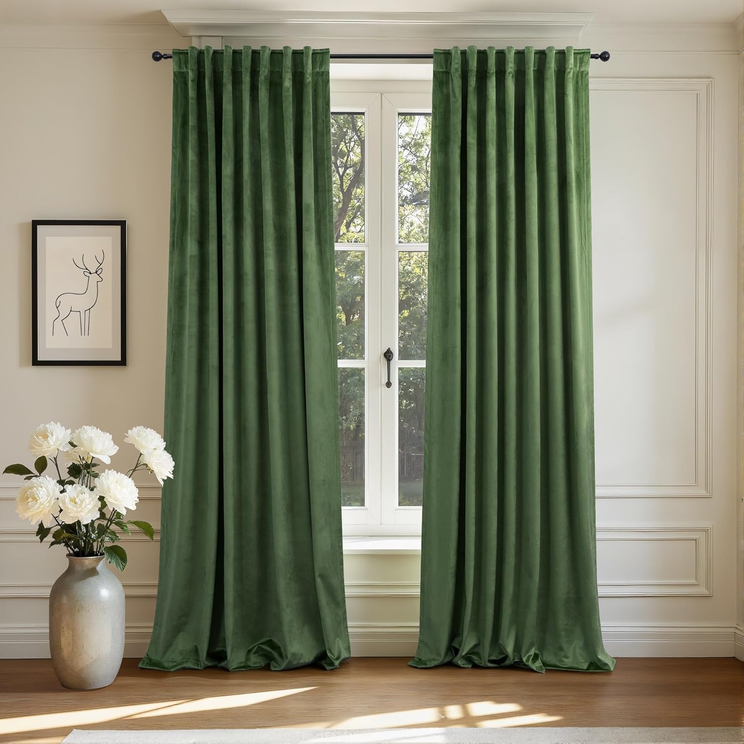 Olive Green Velvet Back Tab Curtains for Elegant Home Decor