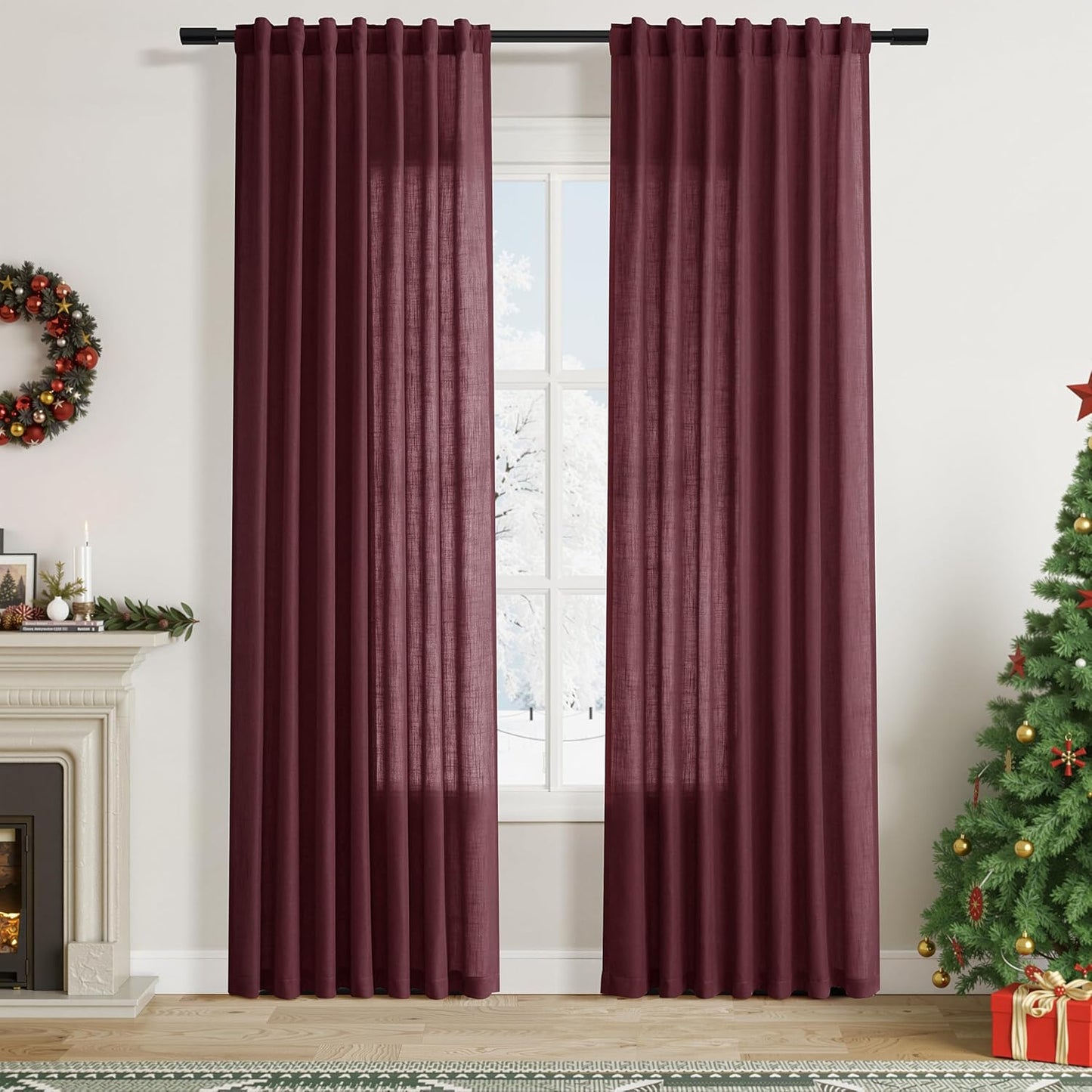 Burgundy Linen Curtains 84 Inch Length for Modern Farmhouse Decor