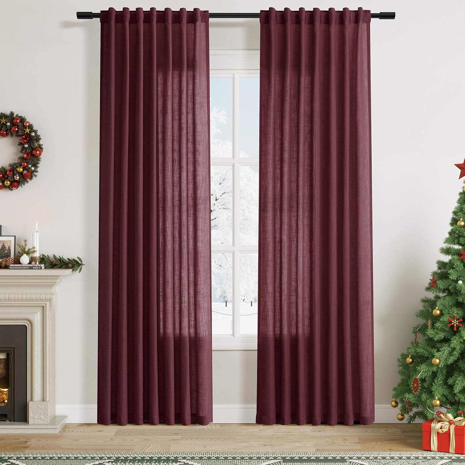 Burgundy Linen Curtains 84 Inch Length for Modern Farmhouse Decor