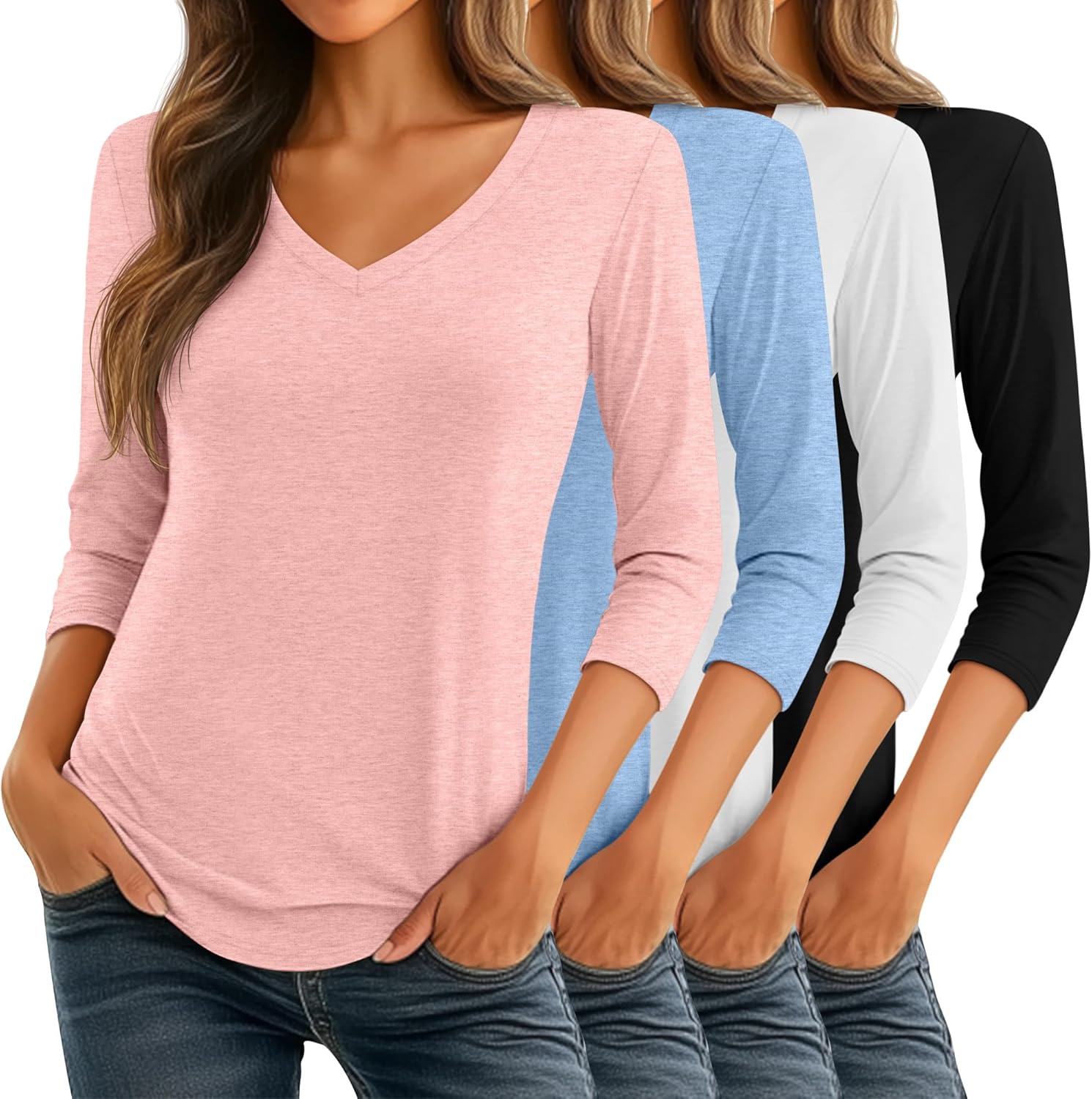 Ficerd 4 Pack Women's 3/4 Sleeve T Shirts for Casual Style