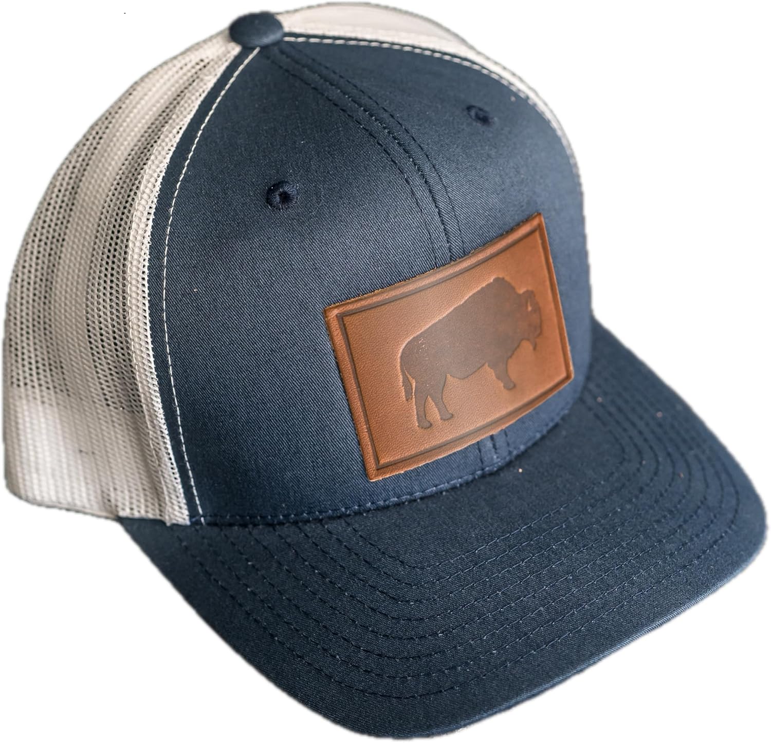 Bison Stamp Leather Patch Trucker Hat - Adjustable Snapback