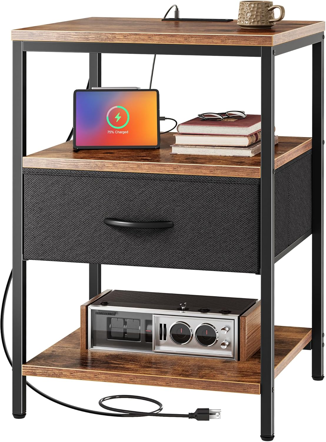 SUPERJARE Night Stand with Charger Station for Bedroom Use