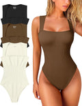 Women's Ribbed Strappy Square Neck Bodysuits - 3 Pack Tops
