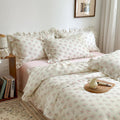 Pink Floral Duvet Cover Set Queen Size - Romantic Cotton Ruffle