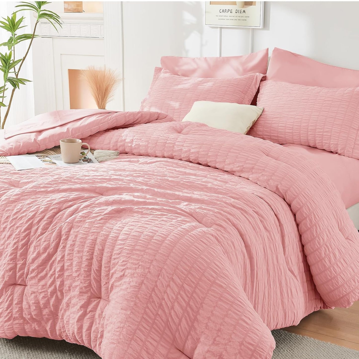 HYMOKEGE Rose Pink King Size Comforter Set for All Seasons